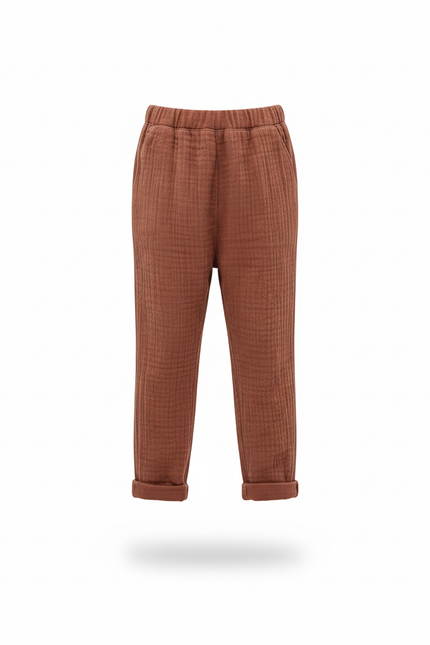 Pantalon En Lin Gaze Rustique Ample Enfant - Marron - vue 3