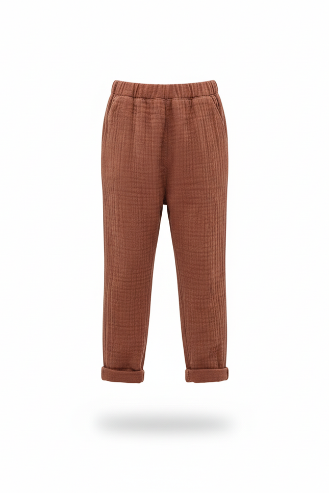 Pantalon En Lin Gaze Rustique Ample Enfant - Marron - vue 3