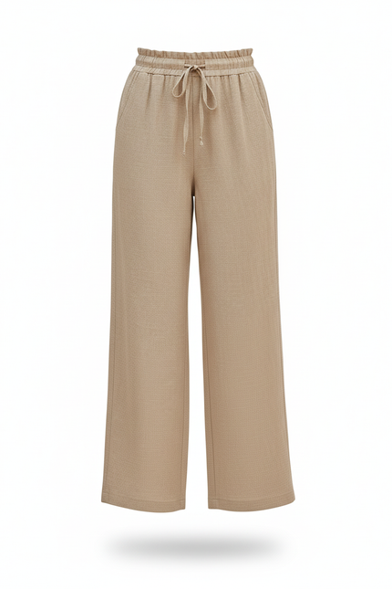 Pantalon En Lin Beige Ample Taille Haute Fluide Femme - vue 3