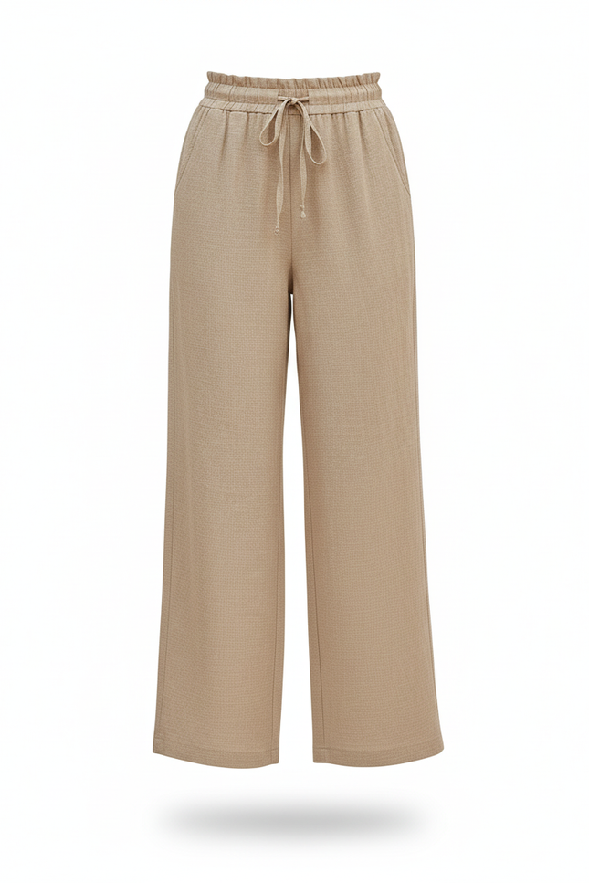 Pantalon En Lin Beige Ample Taille Haute Fluide Femme - vue 3
