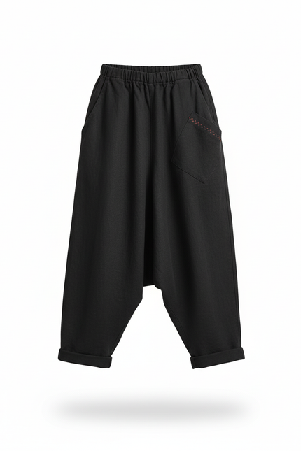 Pantalon En Lin Noir Ample Décontracté Harem Fille - vue 3