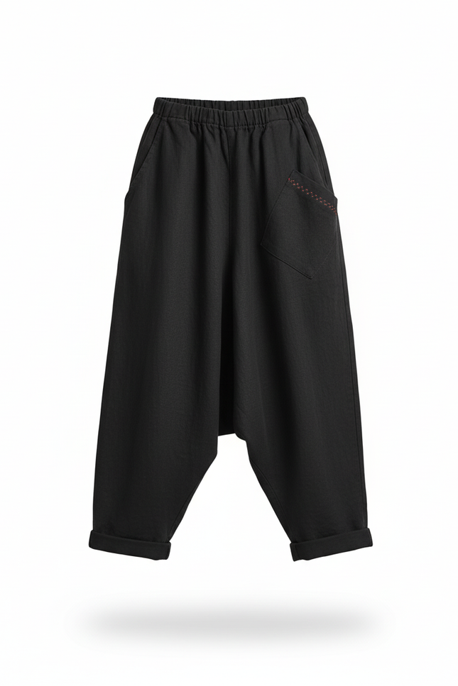 Pantalon En Lin Noir Ample Décontracté Harem Fille - vue 3