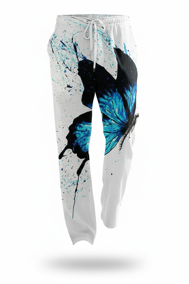 Pantalon En Lin Blanc Imprimé Papillon Bleu Ample Décontracté Homme - vue 3