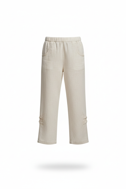 Pantalon En Lin Écru Ample Fille Détail Boutons - Beige - vue 3