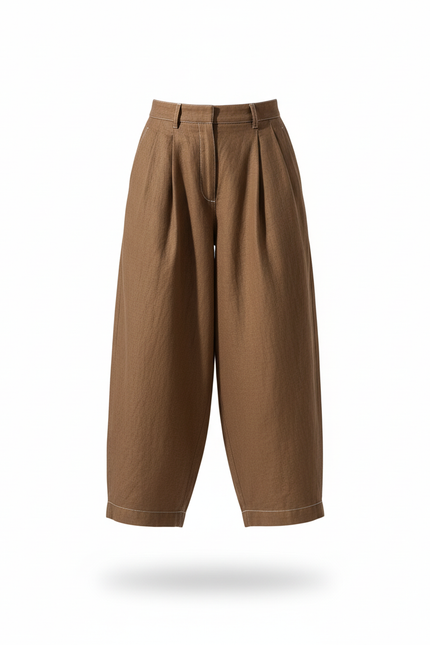 Pantalon En Lin Marron Ample Taille Haute Plissé - vue 3