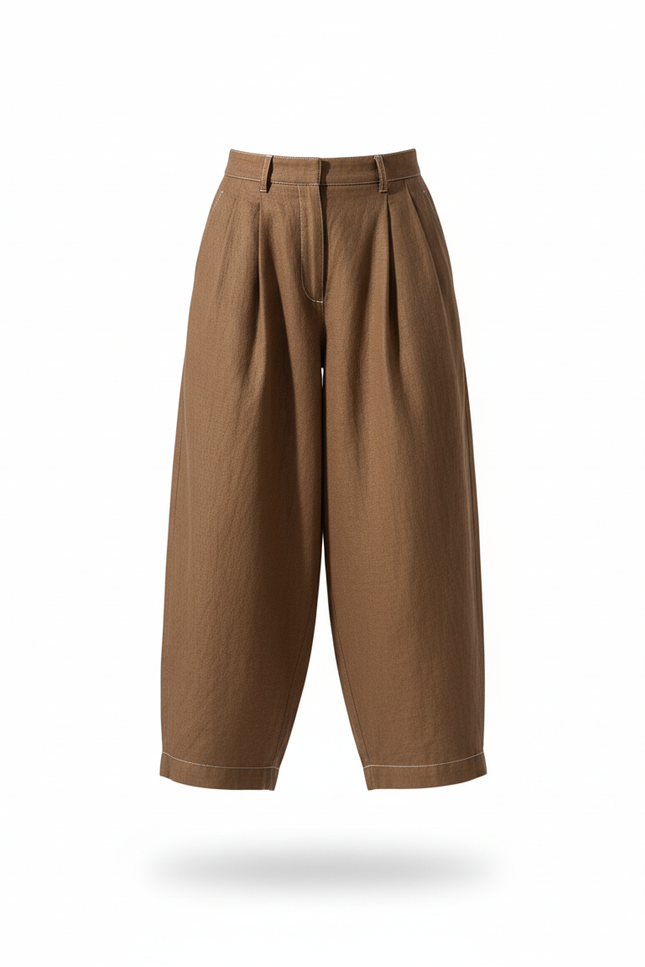 Pantalon En Lin Marron Ample Taille Haute Plissé - vue 3