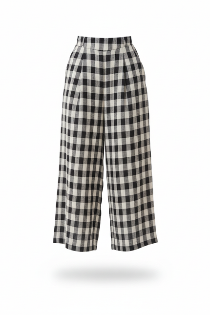 Pantalon En Lin Carreaux Ample Taille Haute Femme - Imprimé - vue 3