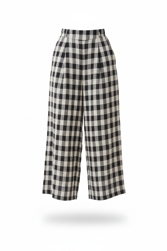 Pantalon En Lin Carreaux Ample Taille Haute Femme - Imprimé - vue 3