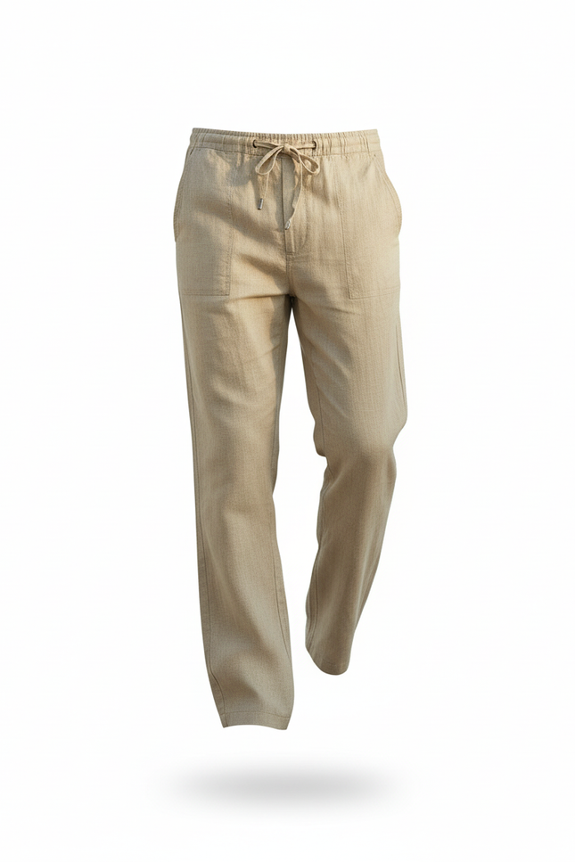 Pantalon En Lin Beige Ample Cordon Décontracté Léger - vue 3
