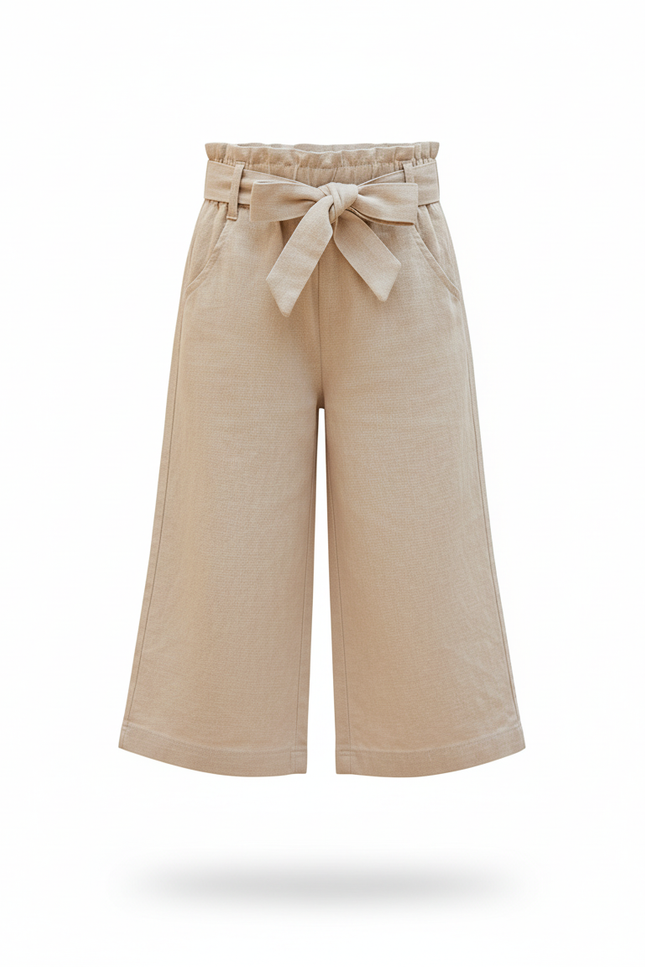 Pantalon En Lin Beige Ample Fille Ceinturé Confortable - vue 3