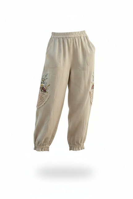 Pantalon En Lin Beige Brodé Ample Décontracté Femme - vue 3