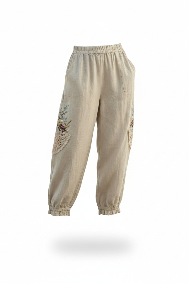 Pantalon En Lin Beige Brodé Ample Décontracté Femme - vue 3