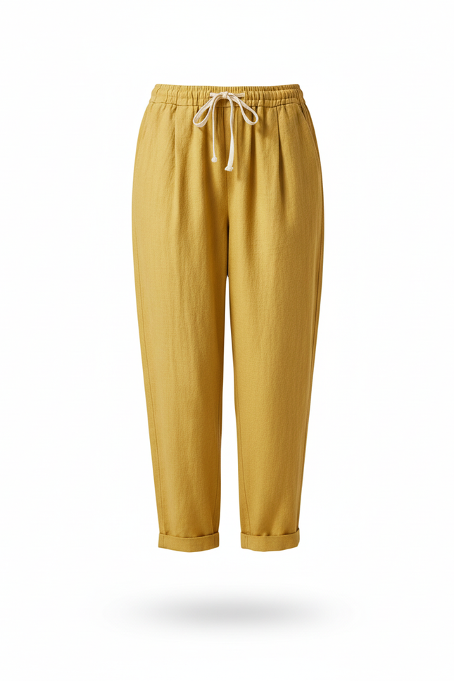 Pantalon En Lin Ample Jaune Taille Haute Décontracté - vue 3