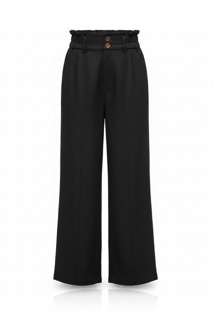 Pantalon En Lin Noir Ample Élastique Taille Haute Fille - vue 3