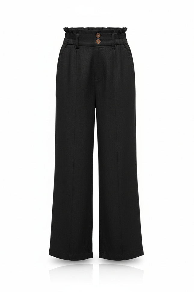 Pantalon En Lin Noir Ample Élastique Taille Haute Fille - vue 3