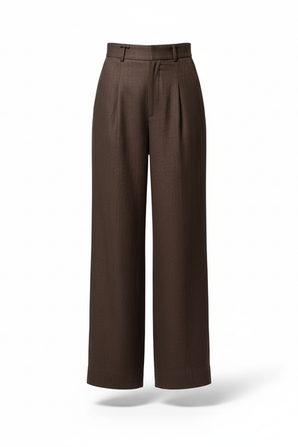 Pantalon En Lin Marron Ample Taille Haute Droit - vue 3