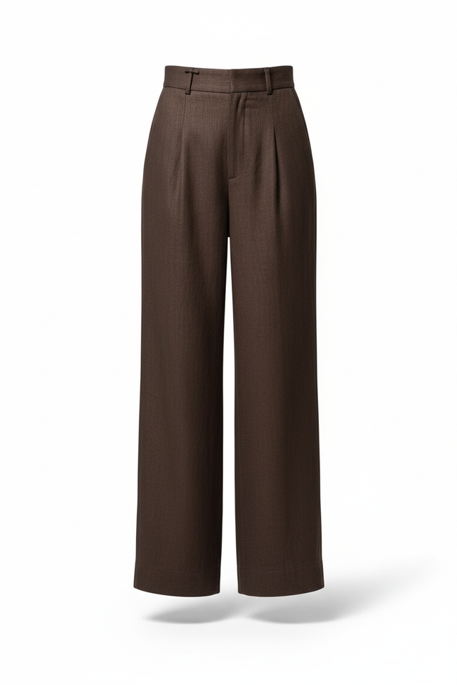 Pantalon En Lin Marron Ample Taille Haute Droit - vue 3