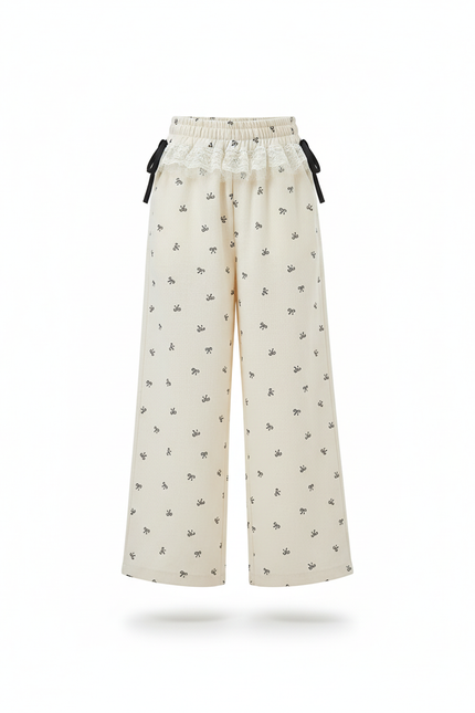 Pantalon En Lin Écru Imprimé Nœuds Ample Fille - Beige - vue 3