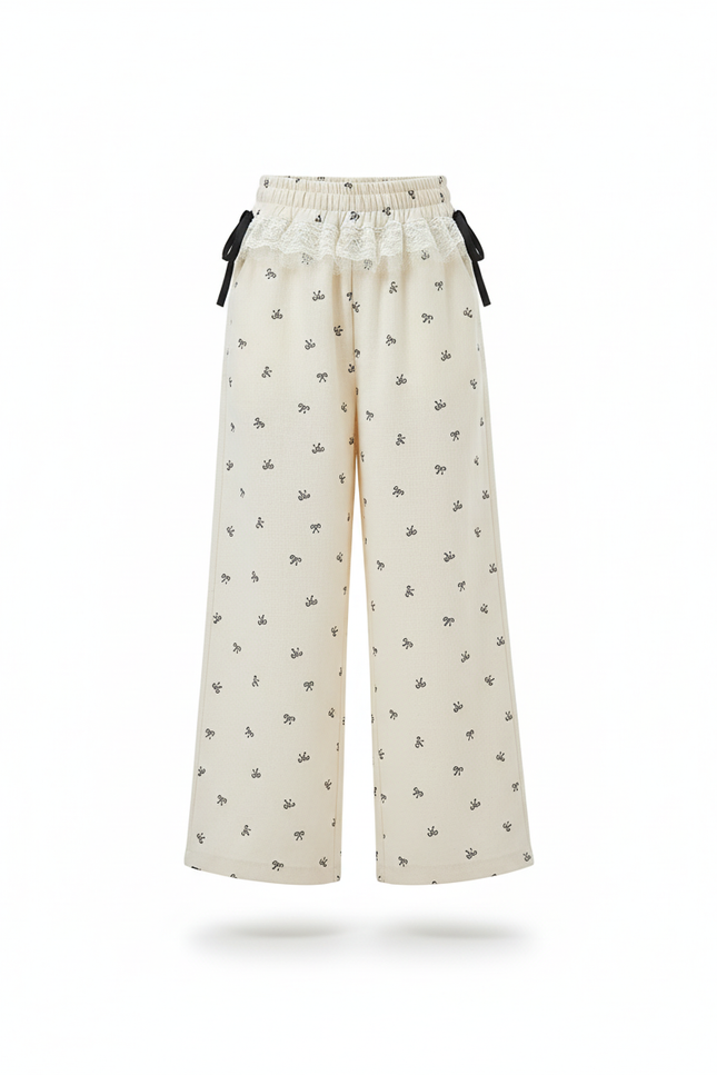 Pantalon En Lin Écru Imprimé Nœuds Ample Fille - Beige - vue 3