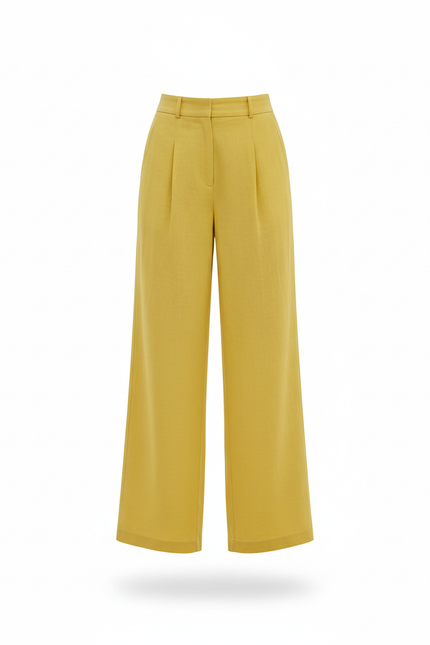 Pantalon En Lin Jaune Ample Plissé Taille Haute Fluide - vue 3