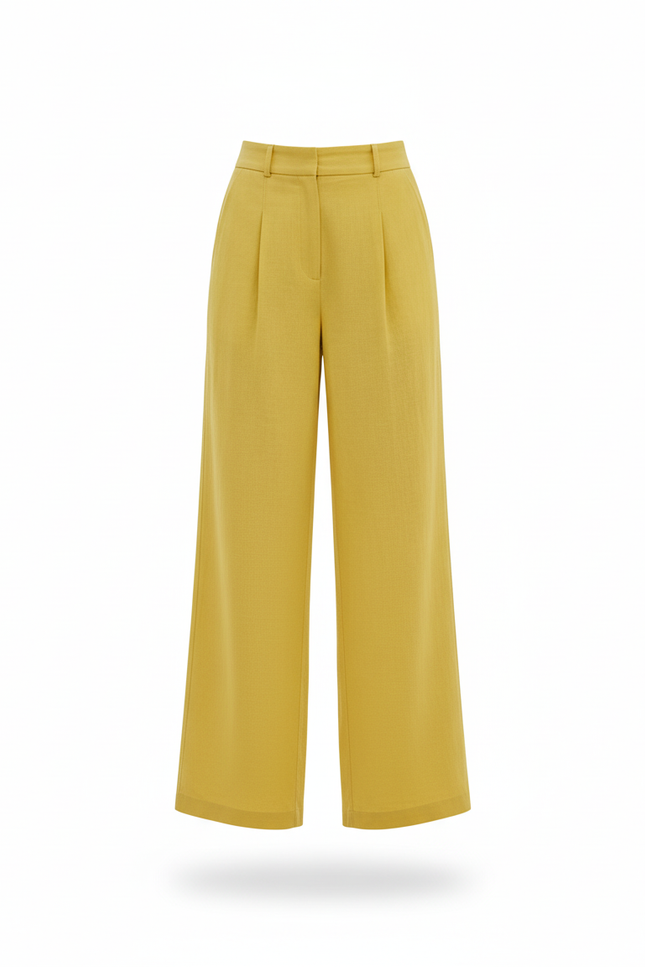 Pantalon En Lin Jaune Ample Plissé Taille Haute Fluide - vue 3
