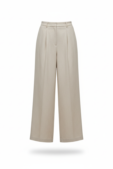 Pantalon En Lin Beige Plissé Ample Décontracté Femme - vue 3