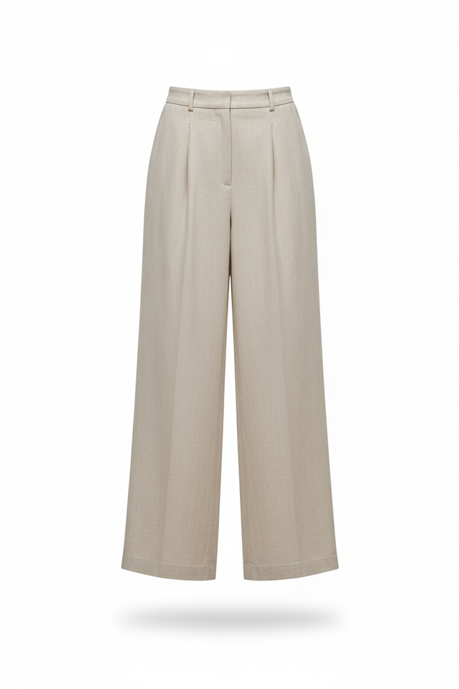 Pantalon En Lin Beige Plissé Ample Décontracté Femme - vue 3