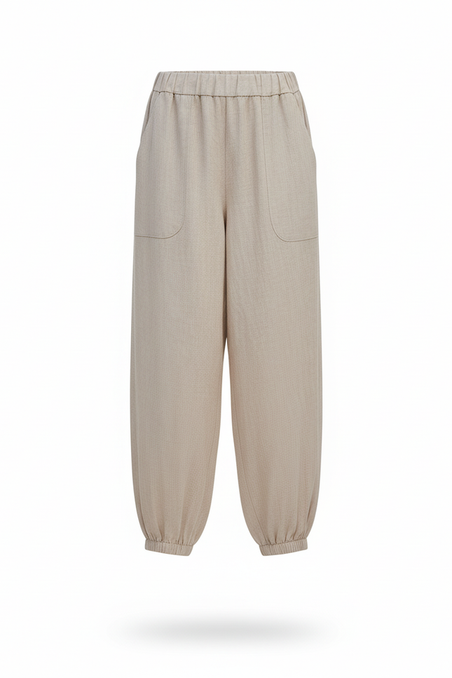 Pantalon En Lin Beige Ample Taille Élastique Harem - vue 3