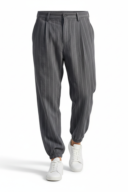 Pantalon En Lin Homme Rayé Ample Décontracté - Gris - vue 3