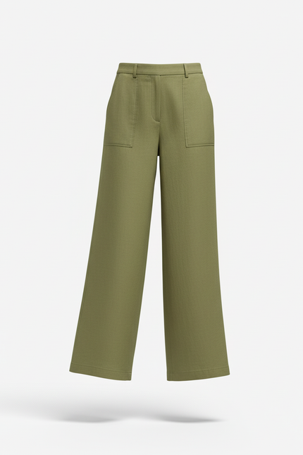 Pantalon En Lin Ample Vert Olive Poches Plaquées - vue 3