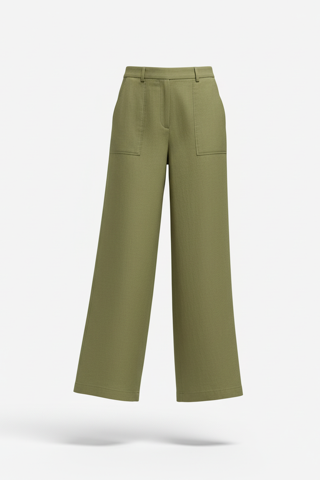 Pantalon En Lin Ample Vert Olive Poches Plaquées - vue 3