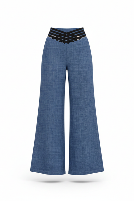 Pantalon En Lin Bleu Taille Haute Fluide Élégant - vue 3