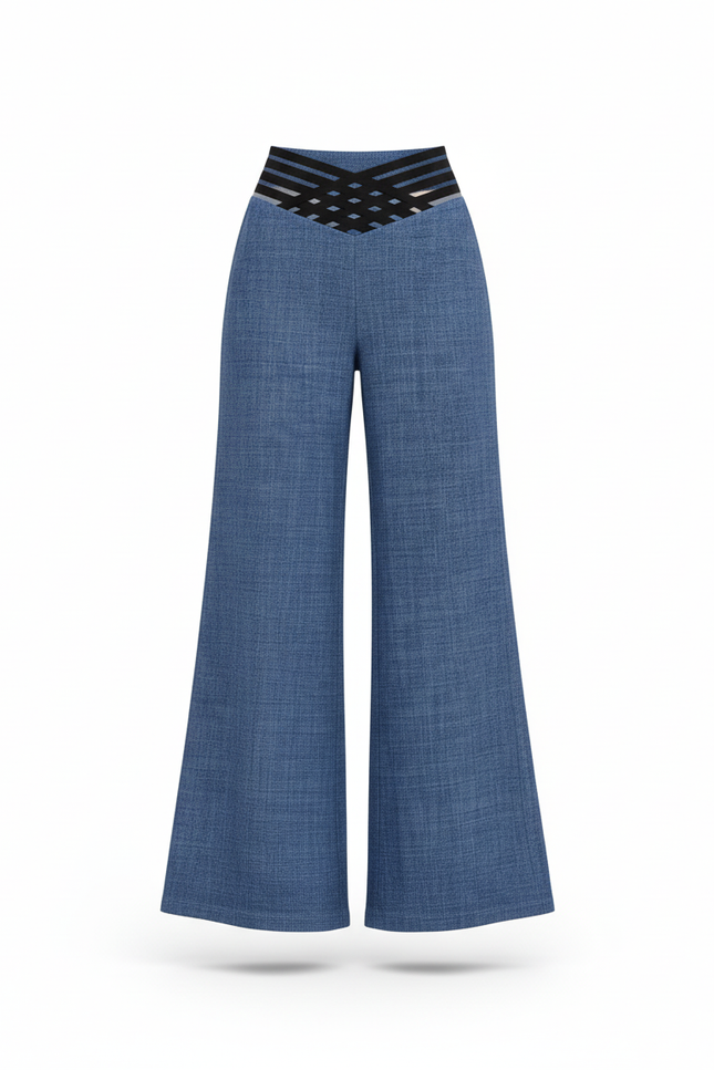 Pantalon En Lin Bleu Taille Haute Fluide Élégant - vue 3