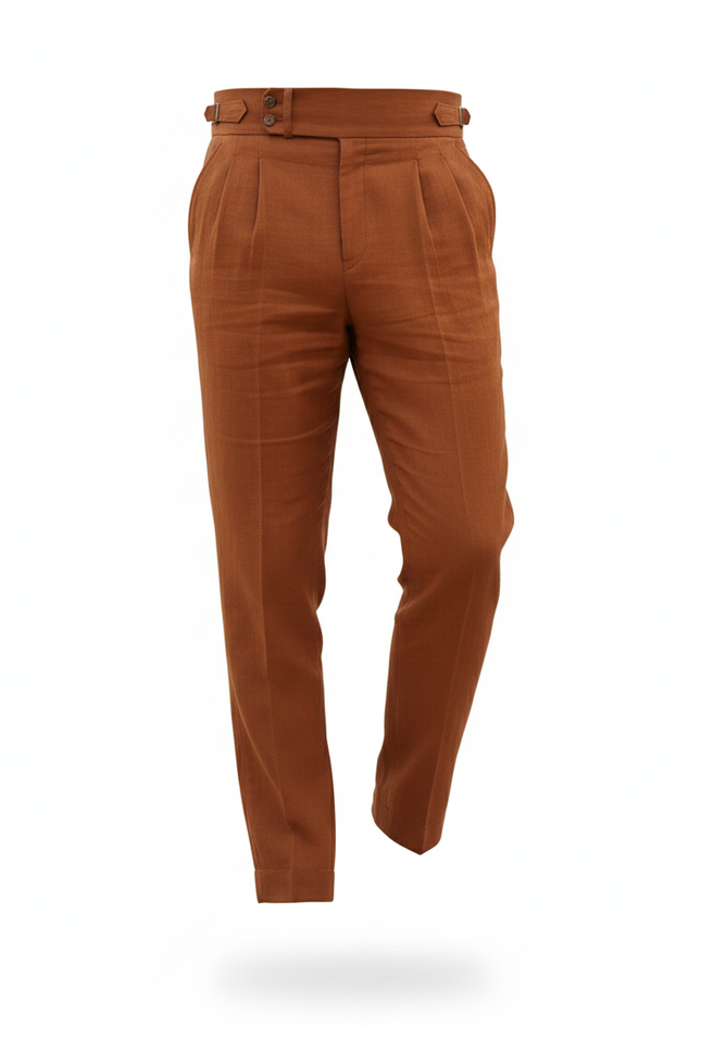 Pantalon En Lin Marron Plissé Droit Casual Homme - vue 3
