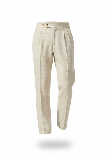 Pantalon En Lin Beige Chiné Plissé Droit Élégant Homme - vue 3