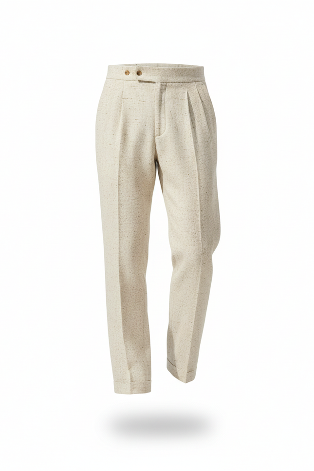 Pantalon En Lin Beige Chiné Plissé Droit Élégant Homme - vue 3