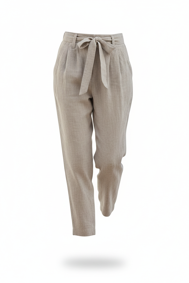 Pantalon En Lin Gris Clair Coupe Fuselée Ceinture Nœud - vue 3