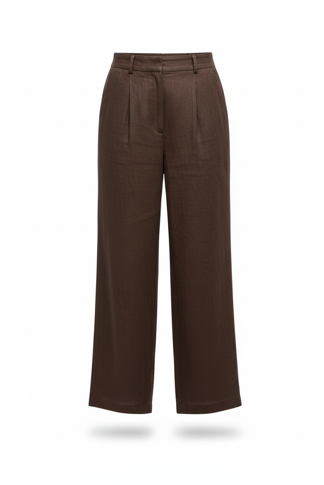 Pantalon En Lin Marron Ample Plissé Décontracté - vue 3