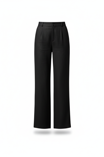 Pantalon En Lin Noir Ample Élégan Straight Femme - vue 3
