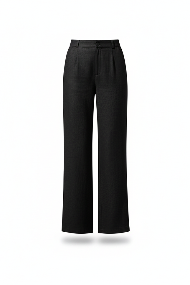 Pantalon En Lin Noir Ample Élégan Straight Femme - vue 3