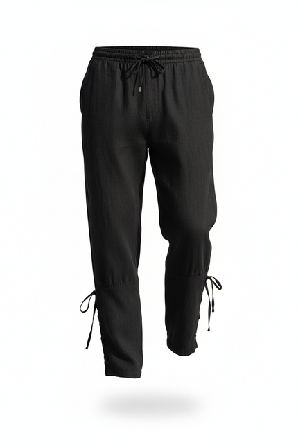 Pantalon En Lin Noir Ample Cordon Chevilles Liens Homme - vue 3