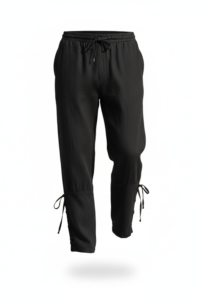Pantalon En Lin Noir Ample Cordon Chevilles Liens Homme - vue 3