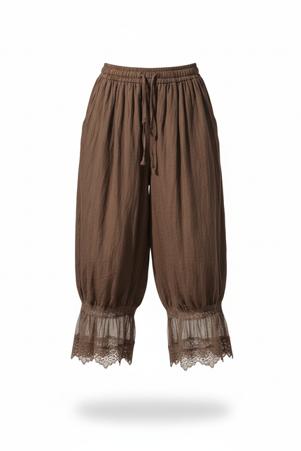 Pantalon En Lin Marron Ample Dentelle Cordon Femme - vue 3