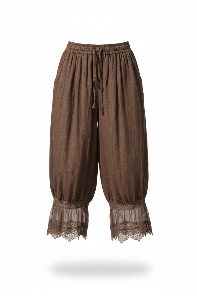 Pantalon En Lin Marron Ample Dentelle Cordon Femme - vue 3