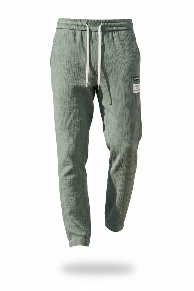 Pantalon En Lin Vert Homme Décontracté Texturé Léger - vue 3