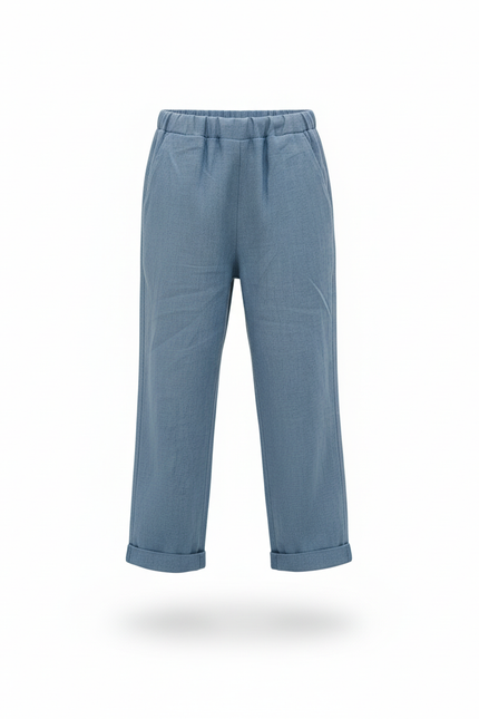 Pantalon En Lin Bleu Droit Ample Élastique Enfant - vue 3