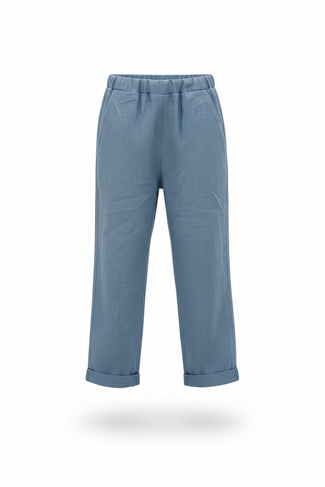 Pantalon En Lin Bleu Droit Ample Élastique Enfant - vue 3