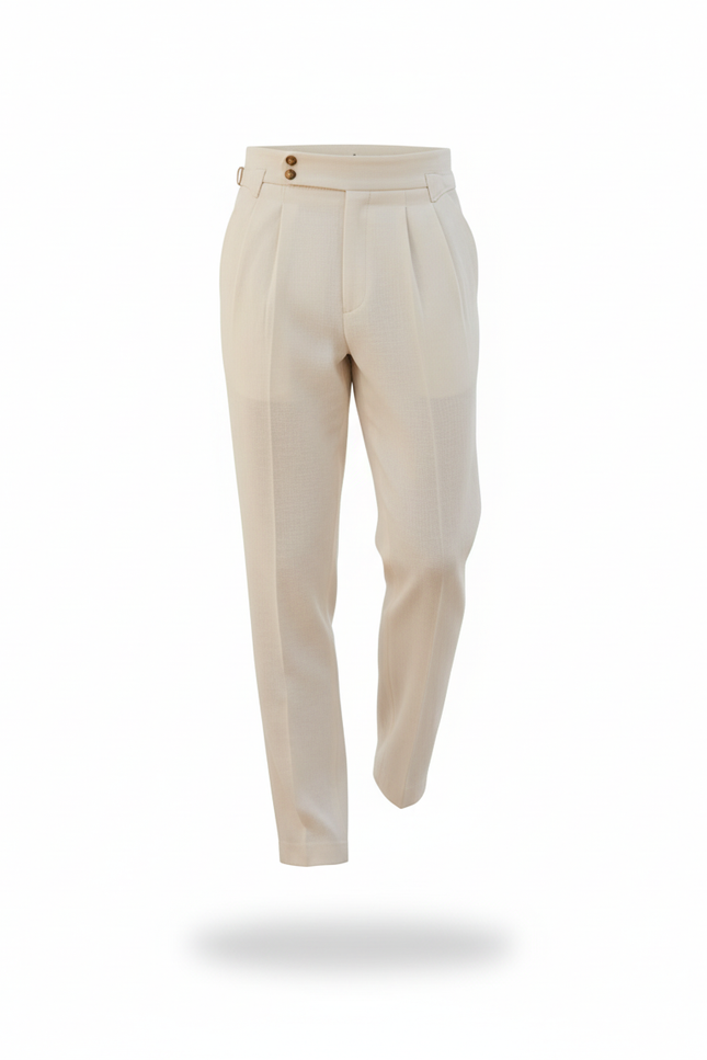 Pantalon En Lin Plissé Crème Droit Élégant Homme - Beige - vue 3
