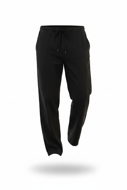 Pantalon En Lin Noir Ample Cordon Décontracté Léger - vue 3