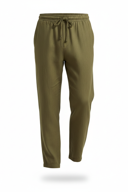 Pantalon En Lin Vert Olive Ample Décontracté Cordon - Kaki - vue 3